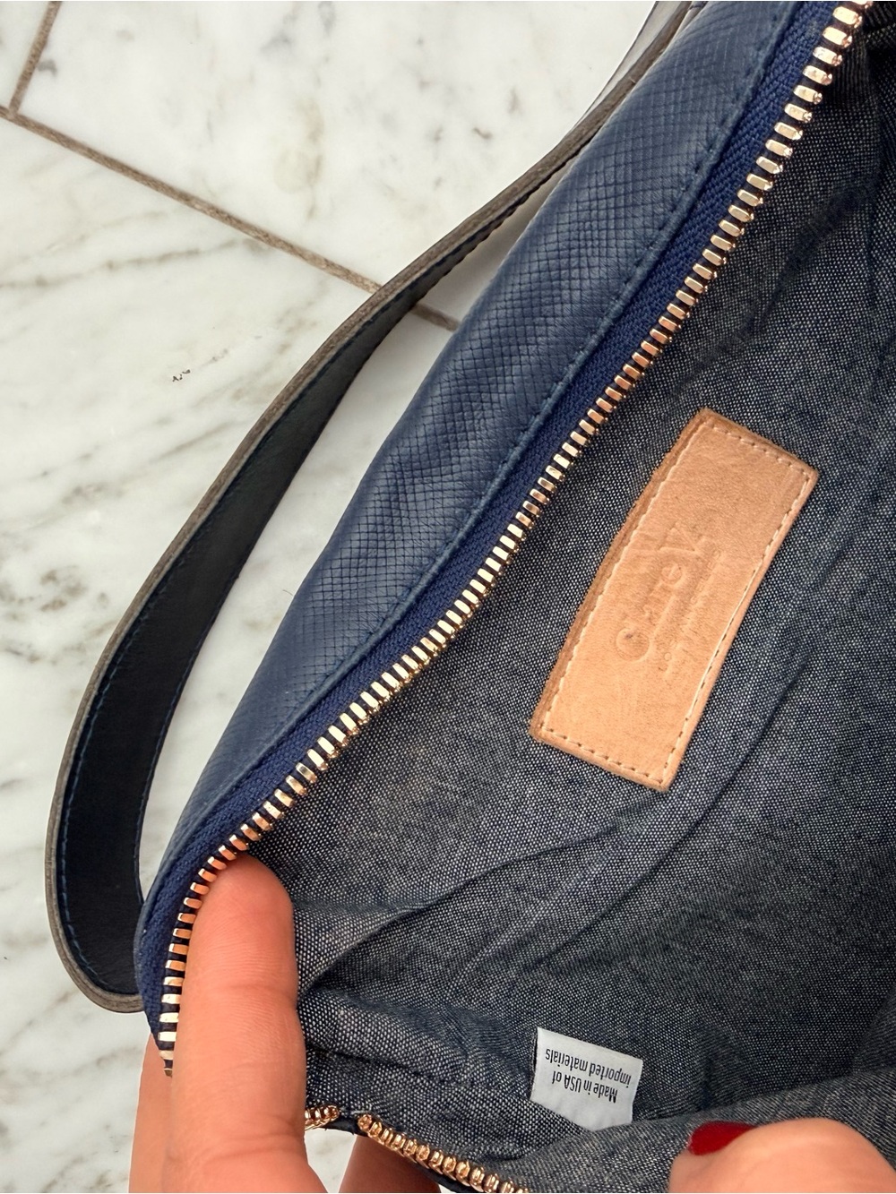 Ladies Navy Crossbody Bag with Gold Zip and Black Strap - Picture 2 of 9